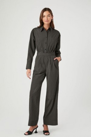 Jumpsuits Forever 21 Pinstriped Directo Leg Jumpsuit Mujer Negras Multicolor | IBkFoaZQRyL