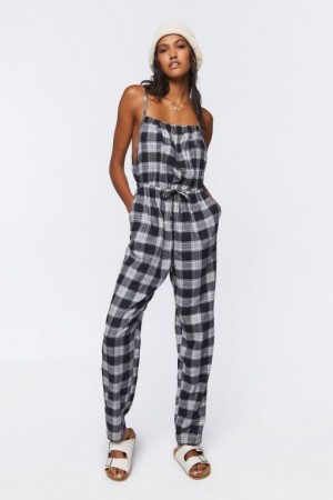 Jumpsuits Forever 21 Plaid Cami Drawstring Jumpsuit Mujer Negras | kYJOTeupwT7