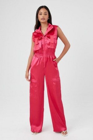 Jumpsuits Forever 21 Satin Zip Up Utility Jumpsuit Mujer Rosas | eKPF1zP8dwL