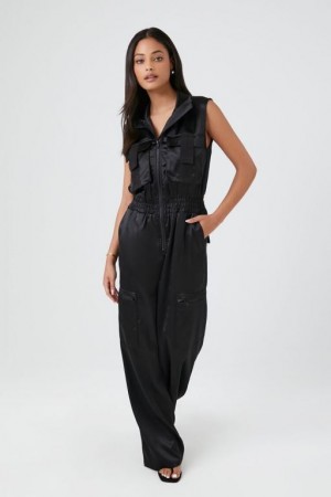 Jumpsuits Forever 21 Satin Zip Up Utility Jumpsuit Mujer Negras | M2oN0ip3Bd7