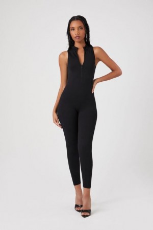 Jumpsuits Forever 21 Sleeveless Half Zip Fitted Jumpsuit Mujer Negras | 9kZbQONPsJg