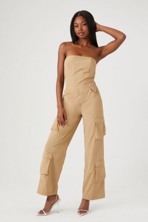 Jumpsuits Forever 21 Strapless Cargo Jumpsuit Mujer Kaki | u2Y4fPL5UFZ