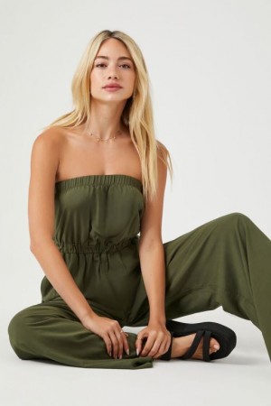 Jumpsuits Forever 21 Strapless Directo Leg Jumpsuit Mujer Verde Oliva | UZTVP44eQnK