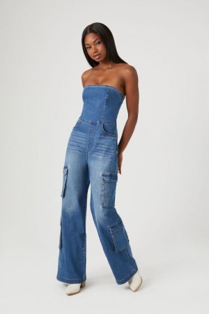 Jumpsuits Forever 21 Strapless Stretch Denim Jumpsuit Mujer Azules | rAEsoW49aof