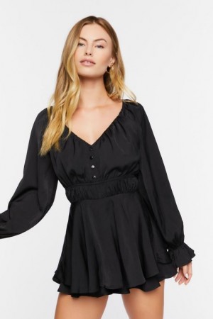 Jumpsuits Forever 21 Trumpet Sleeve Flounce Romper Mujer Negras | pRdHKSLKENP