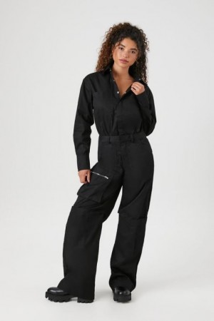 Jumpsuits Forever 21 Twill Long Sleeve Cargo Coveralls Mujer Negras | vHLslJEOuKa