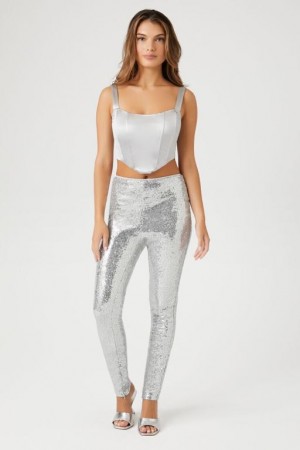 Leggins Forever 21 High Rise Sequin Mujer Plateadas | DY8sAqviiPD