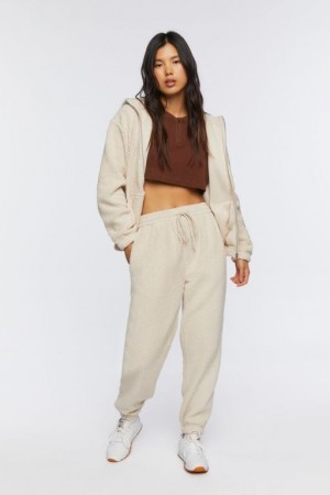 Pantalon Forever 21 Faux Shearling Drawstring Joggers Mujer Creme | DMruByLVVgO