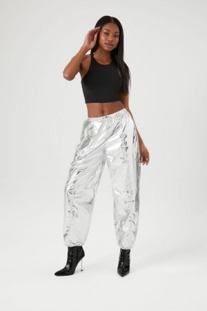 Pantalon Forever 21 Metallic Cargo Joggers Mujer Plateadas | k6JPoojnTxr