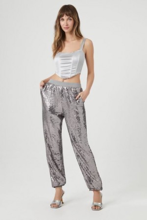 Pantalon Forever 21 Sequin Mid Rise Ankle Joggers Mujer Plateadas | r4UykSaPeFJ