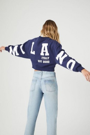 Pullover Forever 21 Cropped Milano Italy Mujer Azul Marino Blancas | s2UuZRdCEHW