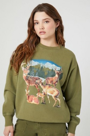 Pullover Forever 21 Fleece Deer Estampadas Mujer Verde Oliva Multicolor | Gzq84Mj5Oan