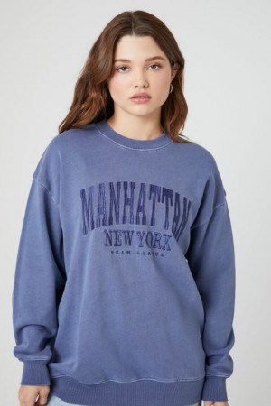 Pullover Forever 21 Fleece Manhattan Estampadas Mujer Azules Multicolor | reOToCWj0E5