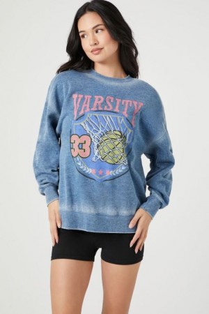 Pullover Forever 21 Fleece Varsity Estampadas Mujer Azules Multicolor | fWCAGs6DeQI