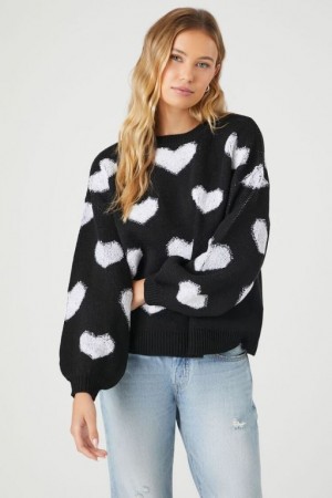 Pullover Forever 21 Heart Print Mujer Negras Blancas | HDVMKqLYEZu