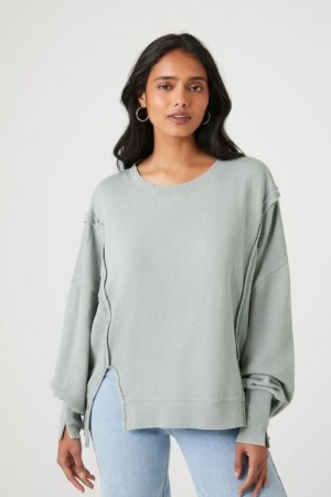 Pullover Forever 21 High Low French Terry Mujer Verde | 59ctT91WJTv