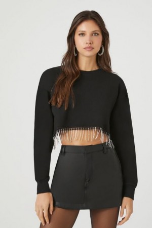 Pullover Forever 21 Rhinestone Fringe Cropped Mujer Negras | Qn5heCtViHp