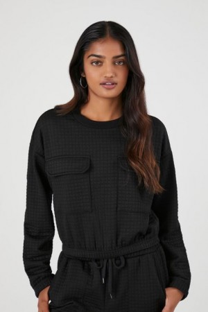 Pullover Forever 21 Waffle Knit Pocket Mujer Negras | imwwy7a4J3e