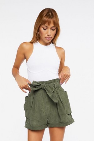 Short Forever 21 Belted Corduroy Paperbag Mujer Verde Oliva | Hc5dZhNM9dj