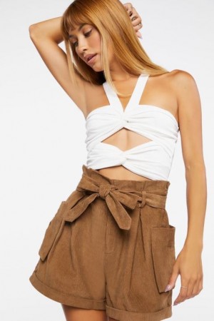 Short Forever 21 Belted Corduroy Paperbag Mujer Beige | 6f3Mul4dRVX