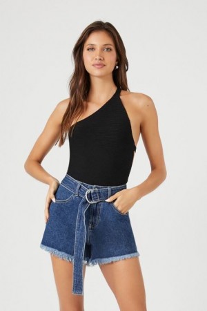 Short Forever 21 Belted Frayed Denim Mujer Azules Oscuro | yDocM0t3ZSK