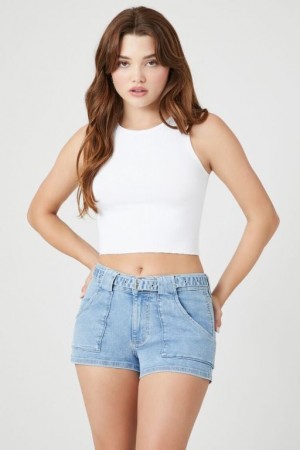 Short Forever 21 Belted Retro High Rise Denim Mujer Azules Claro | 5DVwWoIiuwt