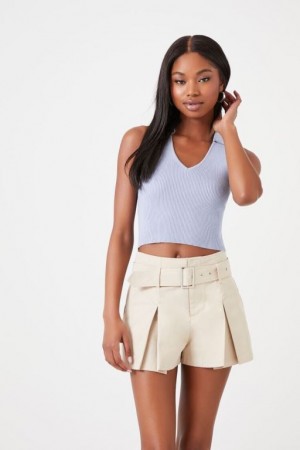 Short Forever 21 Belted Twill Mid Rise Mujer Gris Marrones | Ix4sbfNhd5G