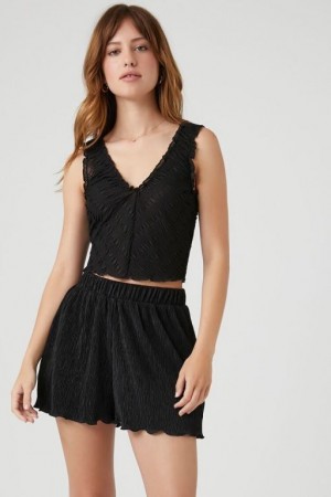 Short Forever 21 Crinkled Lettuce Edge Mujer Negras | vE2C0dc4NPF