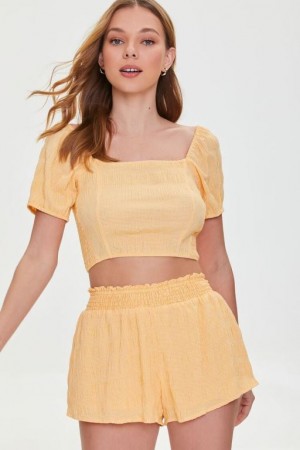 Short Forever 21 Crinkled Smocked Mujer Mimosa | UN9ouCUXDhN