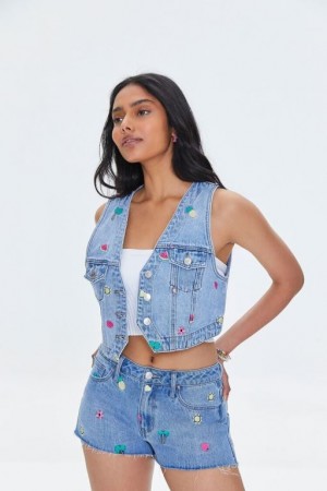 Short Forever 21 Embroidered Fruit Denim Mujer Azules Multicolor | jbmUR7oZn2K