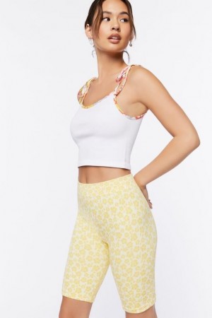 Short Forever 21 Floral Print Biker Mujer Amarillo Blancas | xxAQWBkAdZa