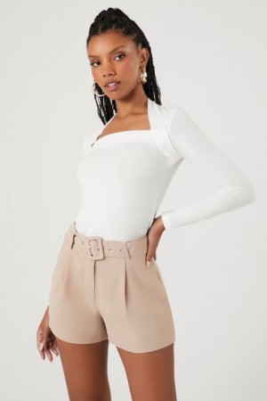 Short Forever 21 High Rise Belted Mujer Almond | Ky8innWaKUb