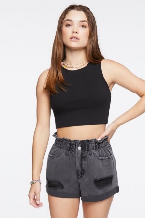 Short Forever 21 Paperbag High Rise Denim Mujer Negras | nA929DBQX4D