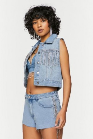 Short Forever 21 Rhinestone Fringe Denim Mujer Azules Claro | phPwvzq7nmn