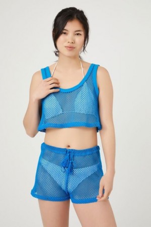 Short Forever 21 Sheer Netted Drawstring Mujer Azules | SdKJHSykBCF