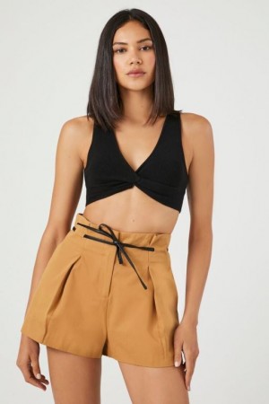 Short Forever 21 Tie Waist Paperbag Mujer Kaki | S6Ikrox0MXk