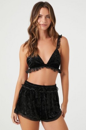 Short Forever 21 Velvet Ruffle Trim Pajama Mujer Negras | KrKnmd3DOqs