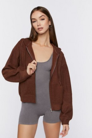 Sudadera con Capucha Forever 21 Acanalado Zip Up Mujer Chocolate | b5Hmn477ISI