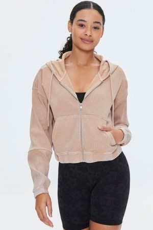 Sudadera con Capucha Forever 21 Acanalado Zip Up Mujer Walnut | gr4RuxNom0M