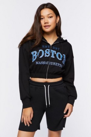 Sudadera con Capucha Forever 21 Boston Cropped Zip Up Mujer Negras Multicolor | 6EhomEr92iF