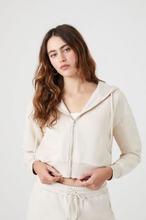 Sudadera con Capucha Forever 21 Cropped Zip Up Mujer Beige | 32QIIn3UclZ