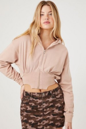 Sudadera con Capucha Forever 21 Cropped Zip Up Mujer Beige | 2TD9cXbWCLN