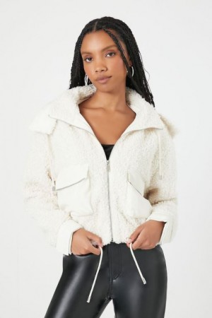 Sudadera con Capucha Forever 21 Faux Shearling Zip Up Mujer Blancas | J6VhOdxXmQ7