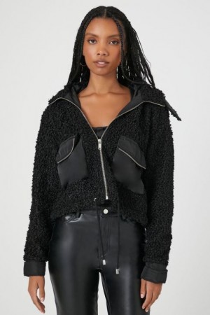 Sudadera con Capucha Forever 21 Faux Shearling Zip Up Mujer Negras | H3pajcOeKtS