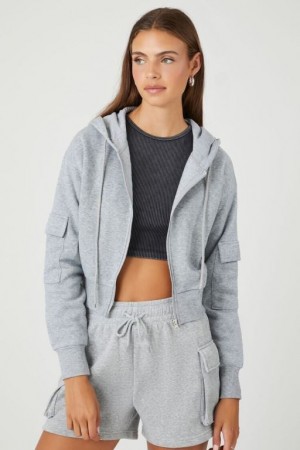 Sudadera con Capucha Forever 21 Flap Pocket Fleece Zip Up Mujer Gris | YPJzGN8nrTG