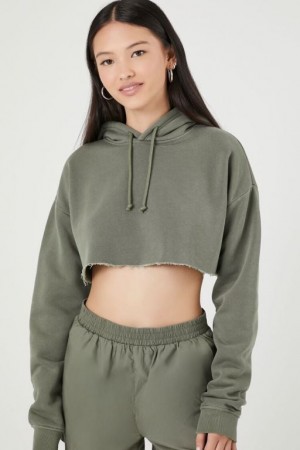 Sudadera con Capucha Forever 21 Fleece Cropped Mujer Verde Oliva Oscuro | rFI0xZ8l54R