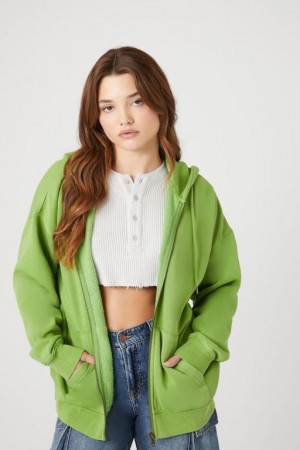 Sudadera con Capucha Forever 21 Fleece Drawstring Zip Up Mujer Verde | YVcba57N3hv