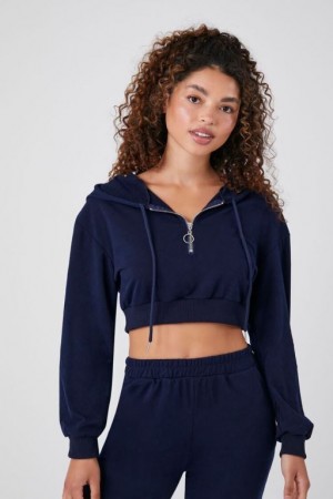 Sudadera con Capucha Forever 21 French Terry Cropped Mujer Azul Marino | 95qWTEqwSf2