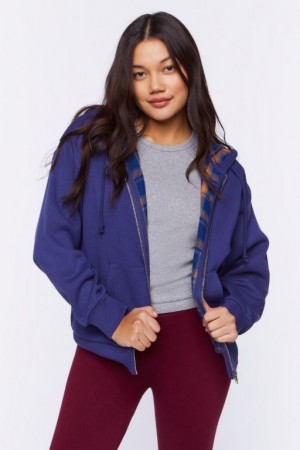 Sudadera con Capucha Forever 21 Plaid Lined Zip Up Mujer Azul Marino Multicolor | 49i535ZizcP