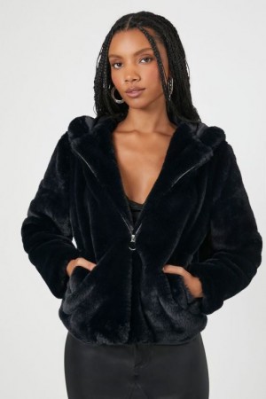 Sudadera con Capucha Forever 21 Plush Faux Fur Zip Up Mujer Negras | ZWmK1mZCsqU